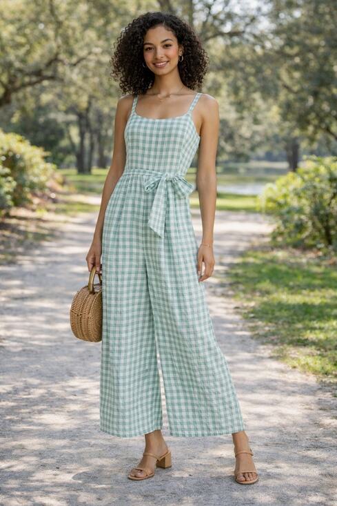 Nordstrom Pants - Nordstrom Green Gingham Tie Back Ankle Jumpsuit Size S. NWOT